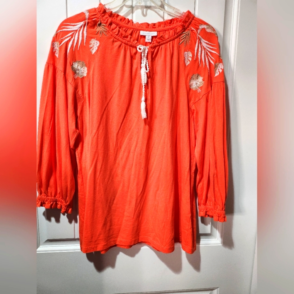 Tropical Leaf Embroidered Boho Blouse–Tassel Tie Neck, 3/4 Sleeves, Cotton Modal